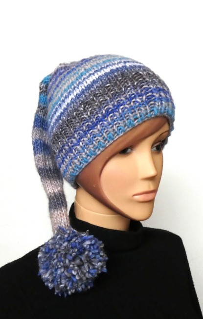 P1020623 Bonnet lutin femme en laine bleu / gris Katia Milrayas