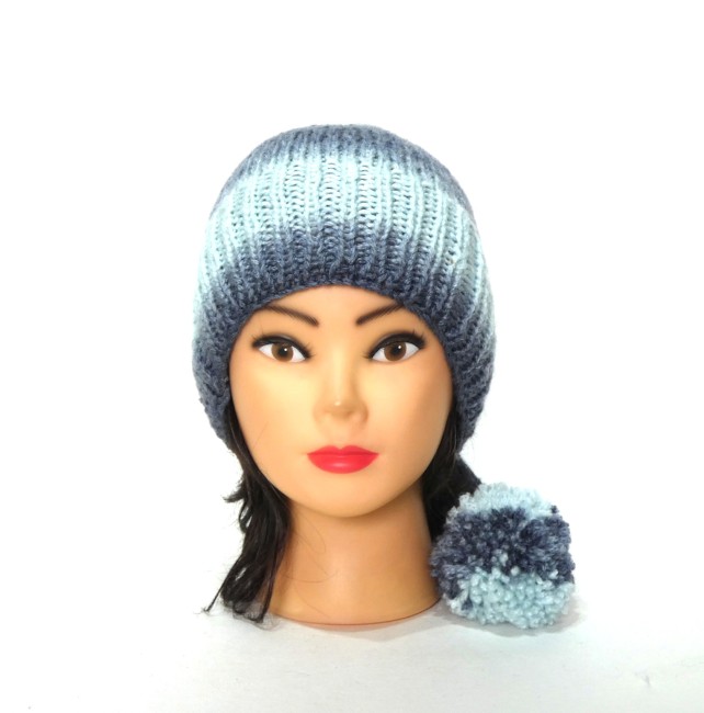 Bonnet lutin pour femme bleu clair et bleu avec pompon 