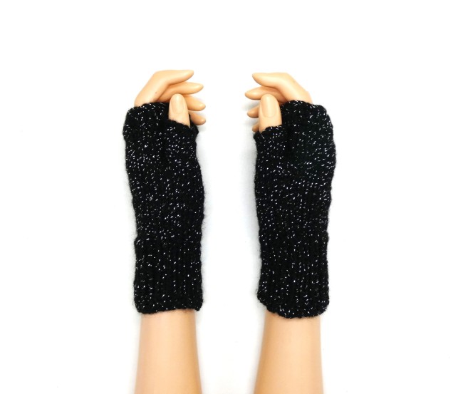 Mitaines femme noire pailletée argenté