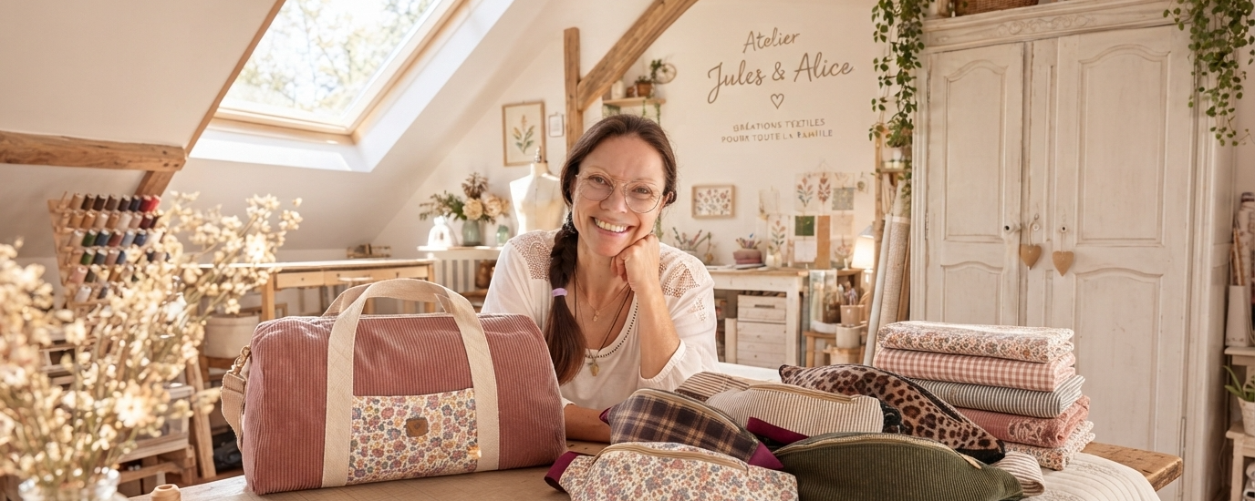 Céline créatrice dans son atelier de confection surmesure