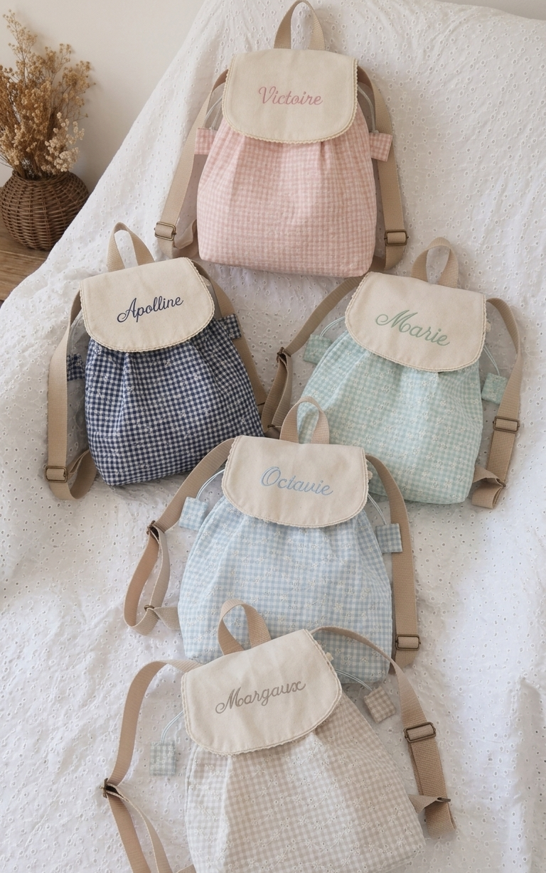 sac à dos maternelle, vichy brodé fleurettes, sur mesure, personnalisé avec broderie prénom