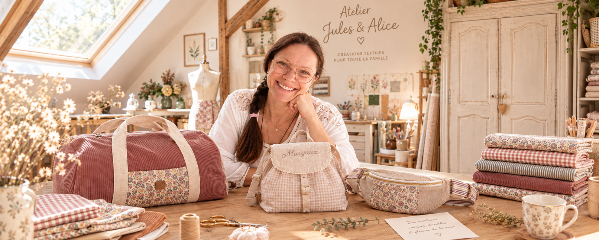 Céline créatrice dans son atelier de confection surmesure