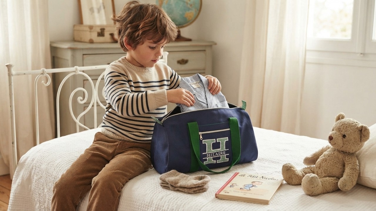 Enfant préparant son sac polochon personnalisé pour un week-end
