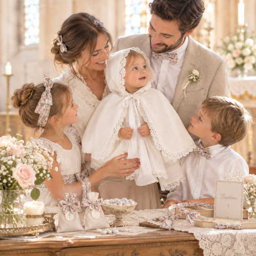 Famille portant des accessoires en liberty assortis, entourant un bébé avec une cape de baptême blanche et feston de dentelle.