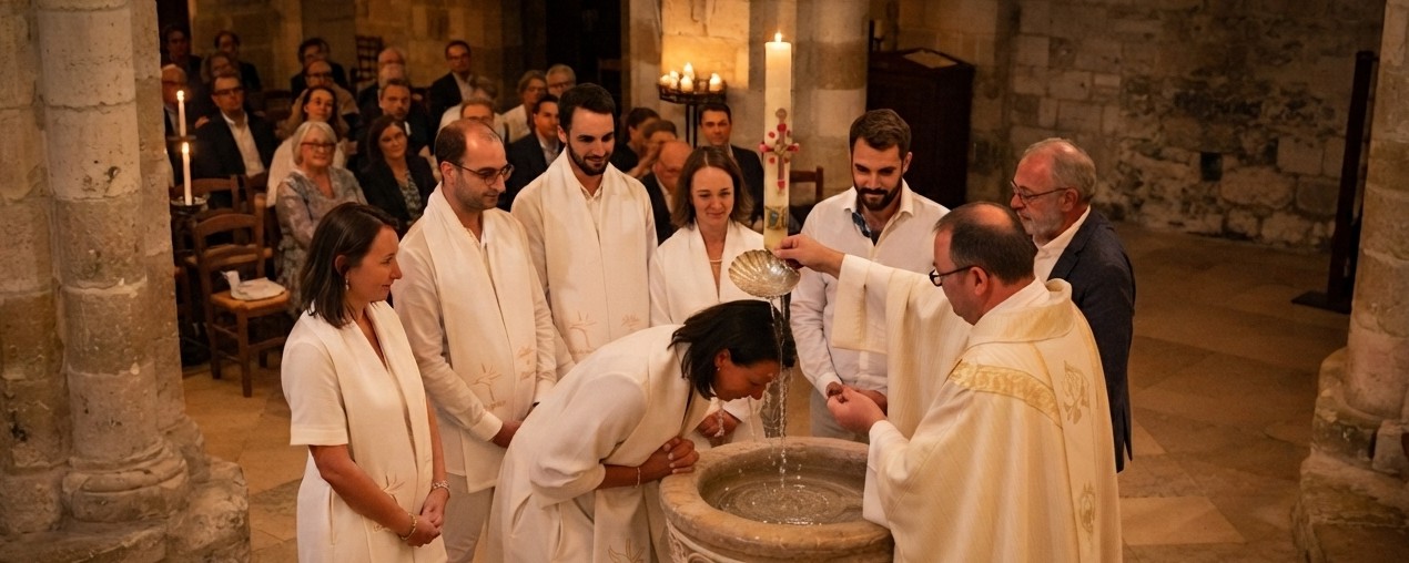 adulte baptisé à la vigile pascale avec son écharpe personnalisée