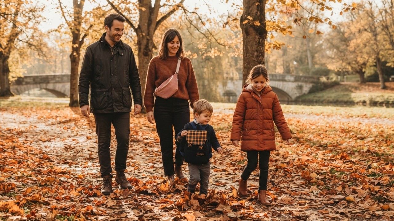 Famille en promenade avec sacs bananes et sacs à dos personnalisés