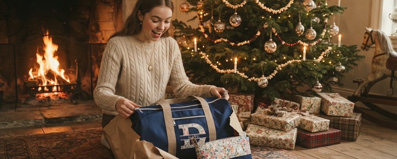 Cadeaux de Noël personnalisés pour femme : sac polochon, trousse assortie, totebag, cabas, sac banane et linge de toilette.