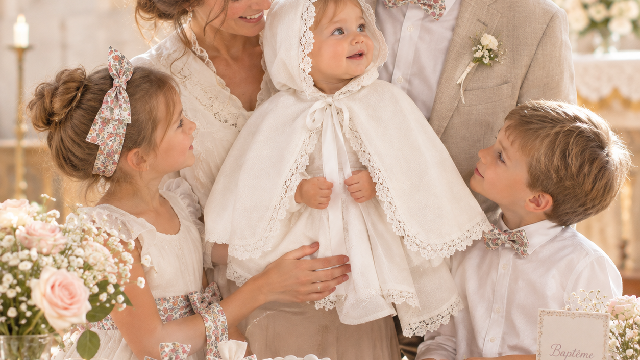 Famille portant des accessoires en liberty assortis, entourant un bébé avec une cape de baptême blanche et feston de dentelle.