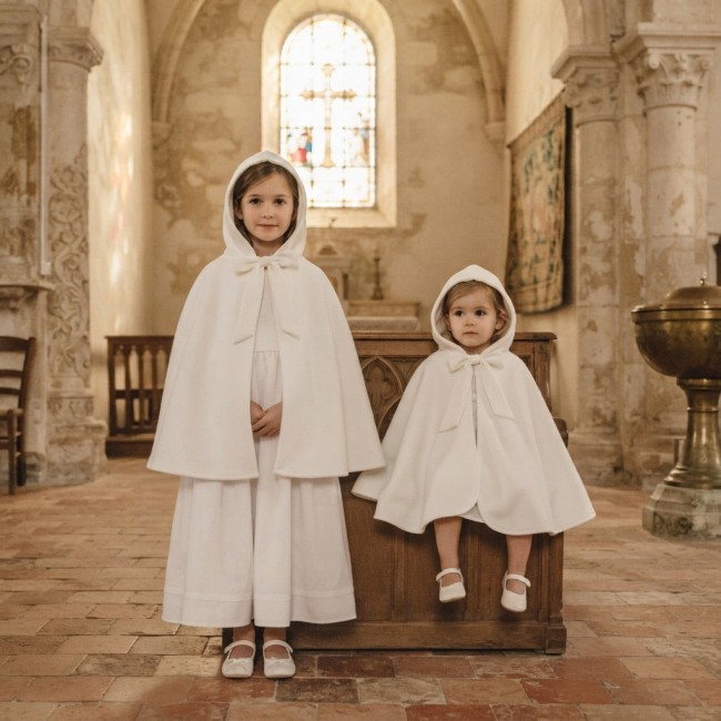 Deux enfants portant des capes de baptême blanches avec capuche dans une église