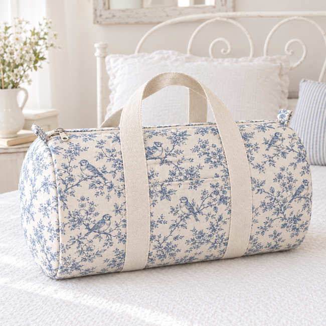 sac polochon toile de jouy mésange bleu sac polochon artisanal pour les vacances