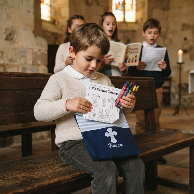 Petit sac de messe enfant personnalisé avec croix et prénom brodé