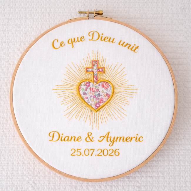 Tambour brodé Sacré-Cœur avec croix, personnalisable prénom et date. Cadeau chrétien idéal pour naissance, baptême ou communion. Création artisanale.