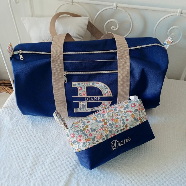 ensemble sac polochon et trousse de toilette assortie, fait main, sur mesure et personnalisable