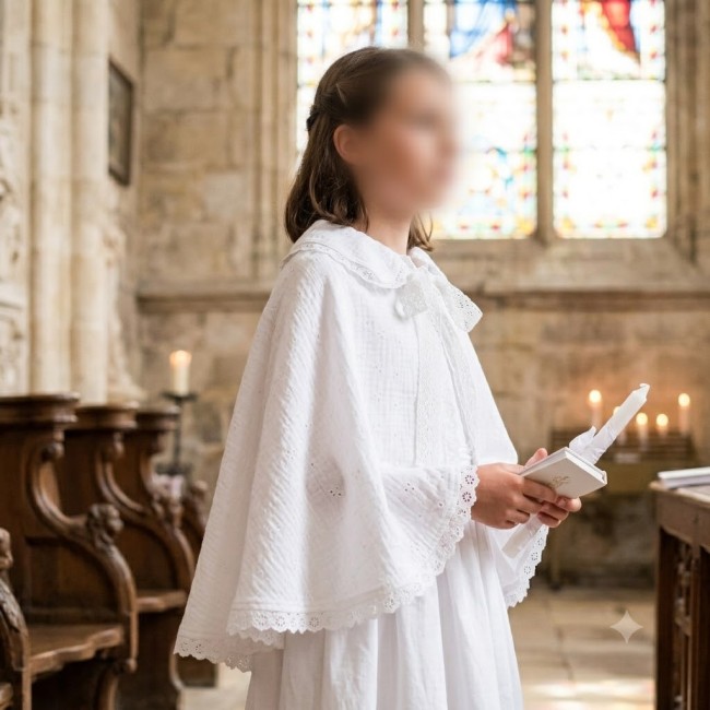 Vue de côté de la cape de communion avec son galon en dentelle, portée