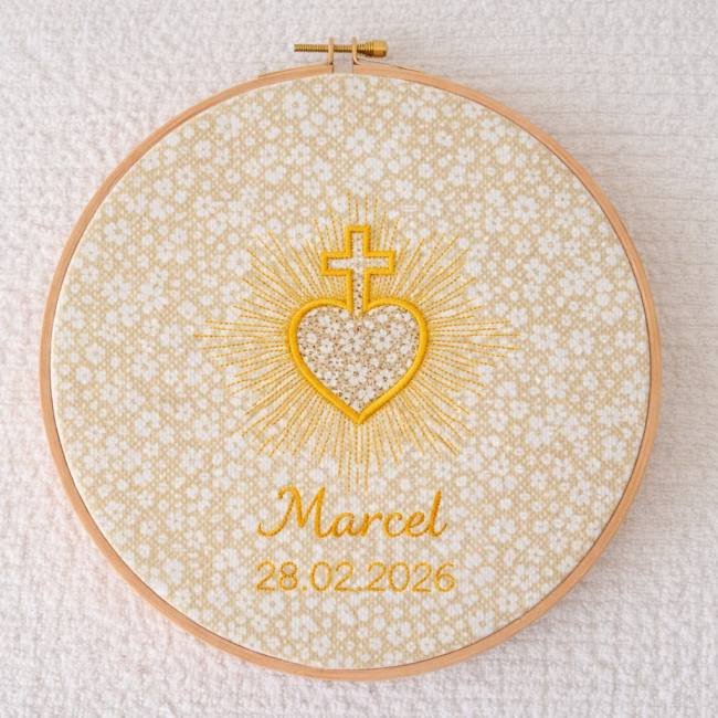 Tambour brodé Sacré-Cœur avec croix, personnalisable prénom et date. Cadeau chrétien idéal pour naissance, baptême ou communion. Création artisanale.
