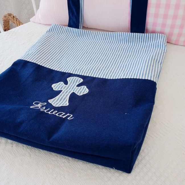Petit sac de messe A5 avec fond large, toile bleu marine et croix brodée