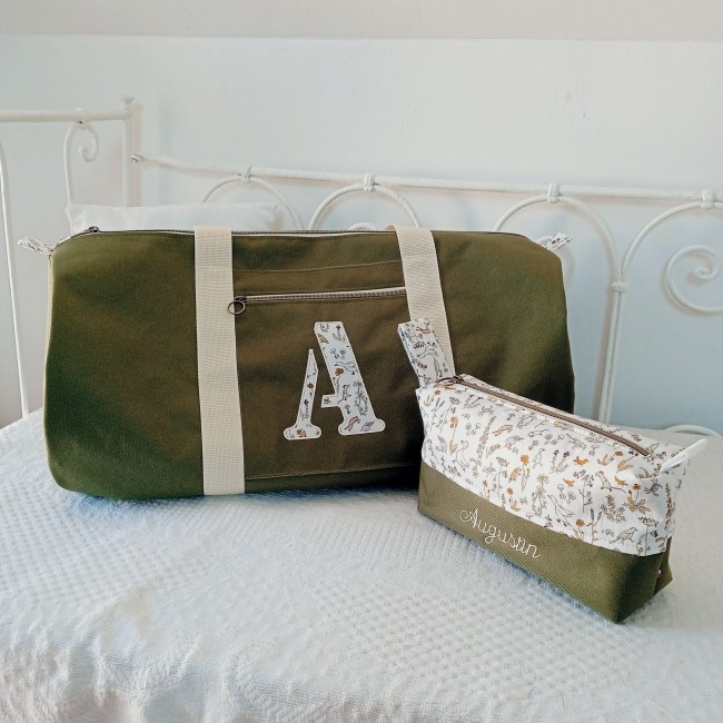 ensemble sac polochon et trousse de toilette assortie, fait main, sur mesure et personnalisable