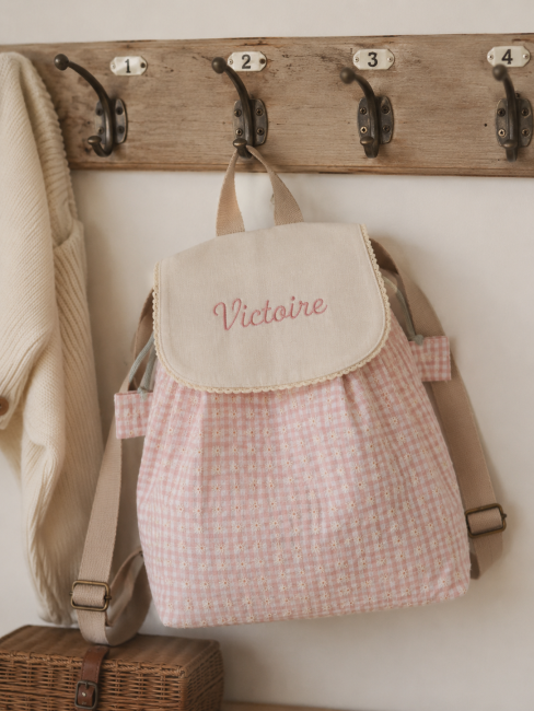 sac à dos maternelle, en vichy brodé de délicates fleurettes, plusieurs couleurs au choix, personnalisable avec broderie prénom!