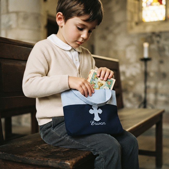 Enfant portant un petit sac de messe personnalisé avec croix brodée