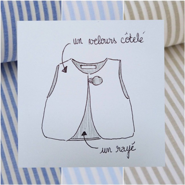 Gilet de berger velours côtelé et rayures (tissu au choix!)