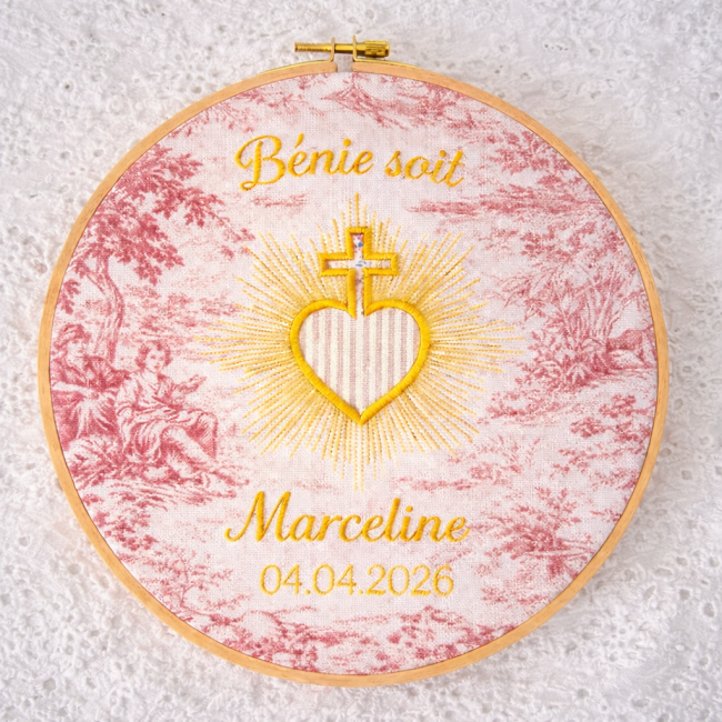 sacré coeur Bénie soit toile de jouy framboise