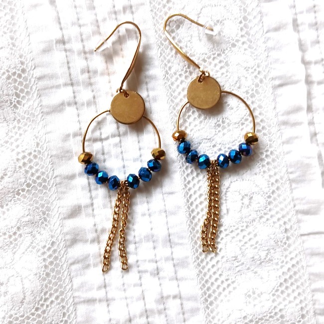 Boucle d'oreilles fantaisie pour femme, bleu et doré