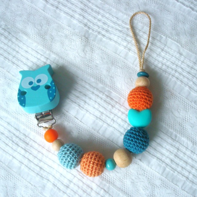 attache tétine version mixte avec clip chouette turquoise