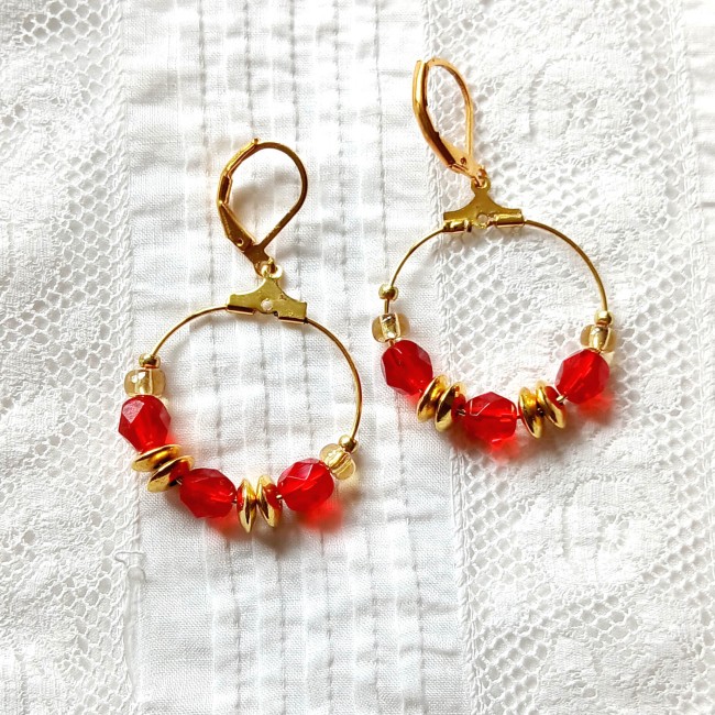Boucles d'oreille pour femme, rouge et or