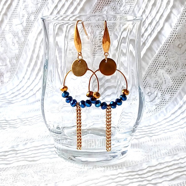 Longues boucle d'oreilles dorées pour femme, perles bleu électrique