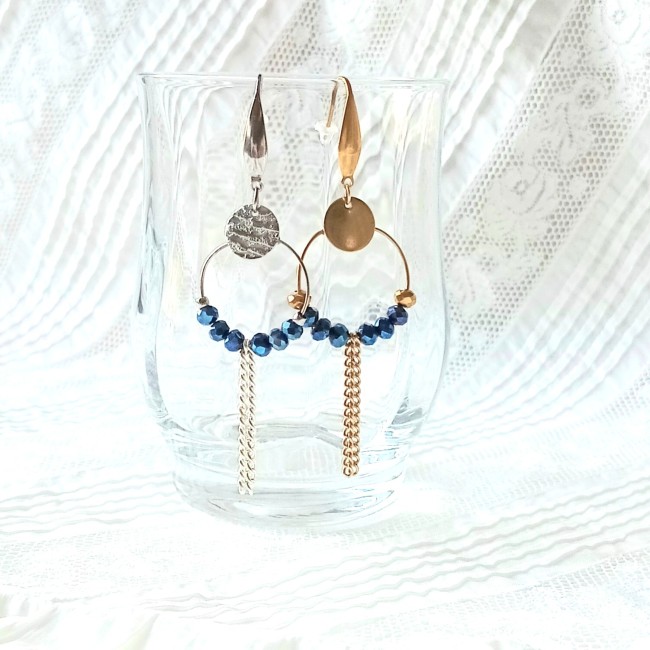 Longs pendants d'oreille bleu électrique argent ou doré