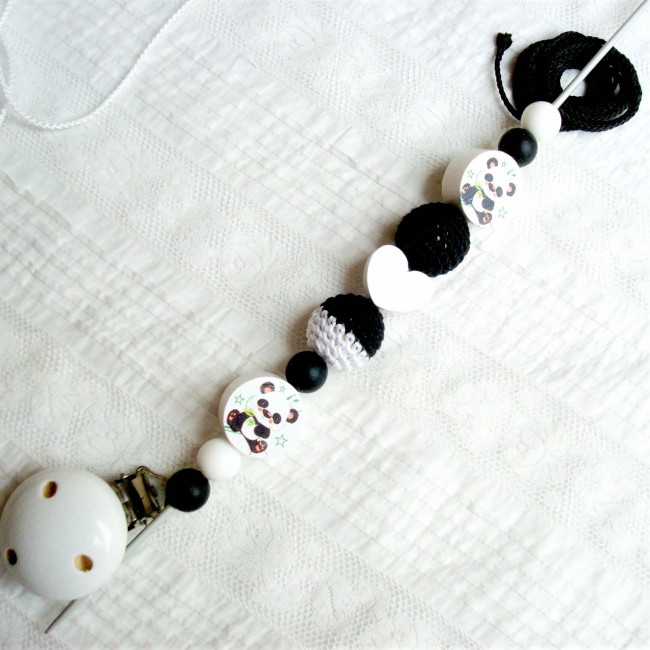 Attache tétine Panda, clip blanc , lien noir