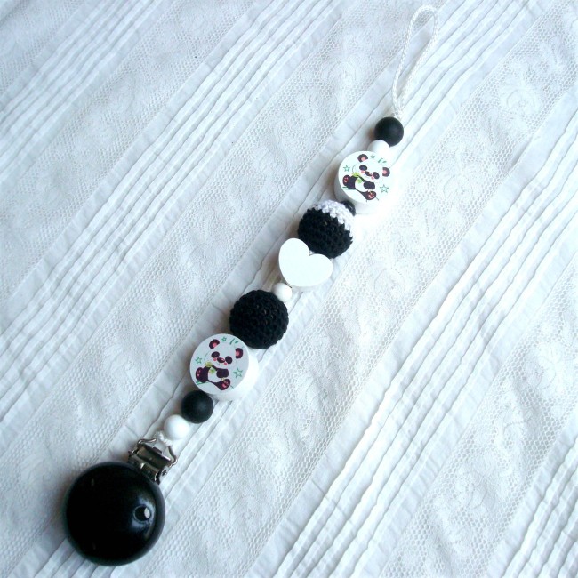 Attache tétine Panda, clip noir et lien blanc