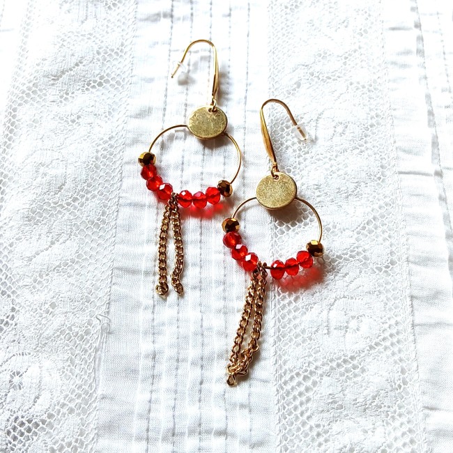 Boucle d'oreilles fantaisie pour femme, rouge et doré