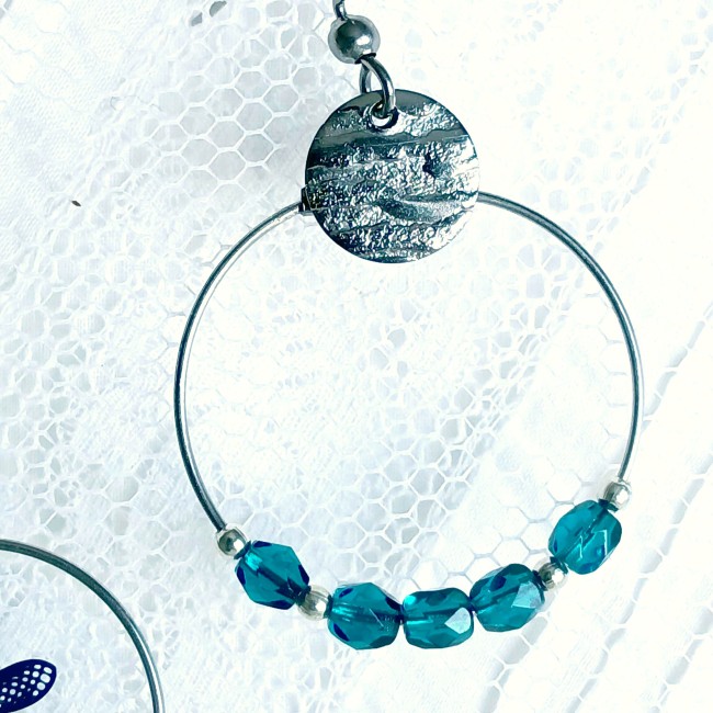 Créole en acier inoxydable, perles de cristal aigue -marine