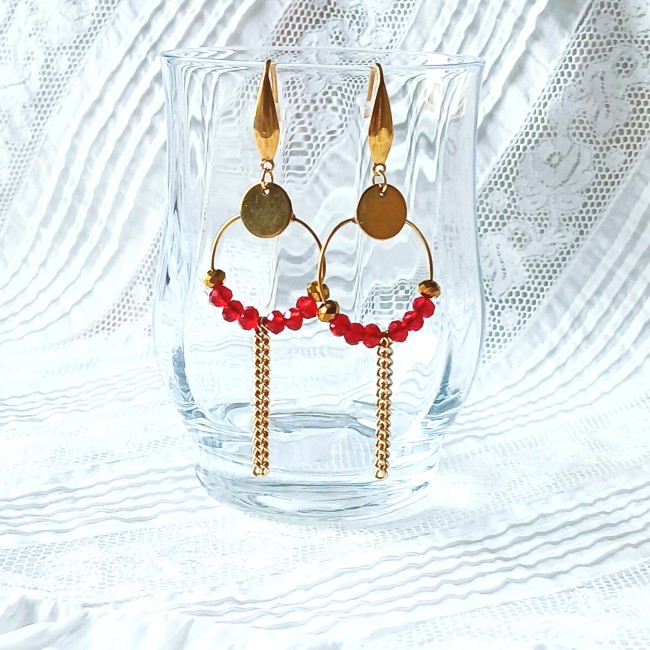 Longues boucle d'oreilles dorées pour femme, cristal rouge