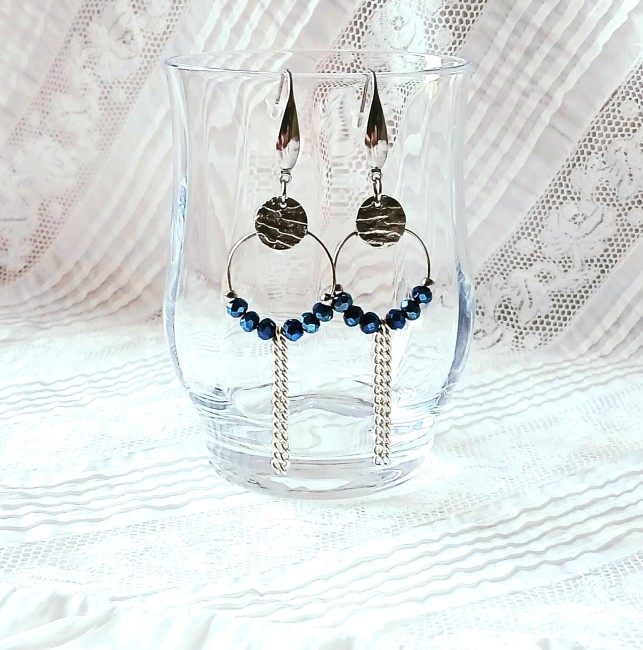 longues boucle d'oreilles bleu et argent, idée cadeau femme