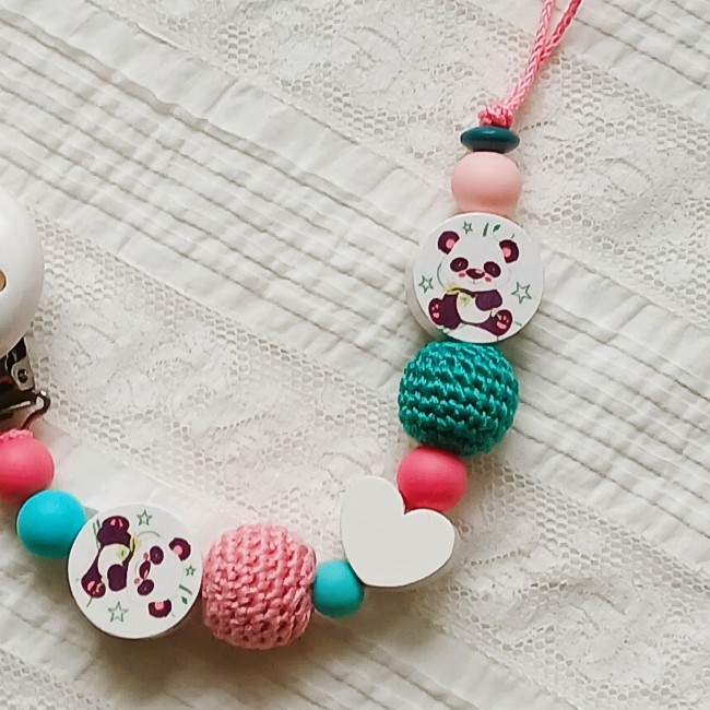 Accroche tétine Panda, rose et vert Véronèse