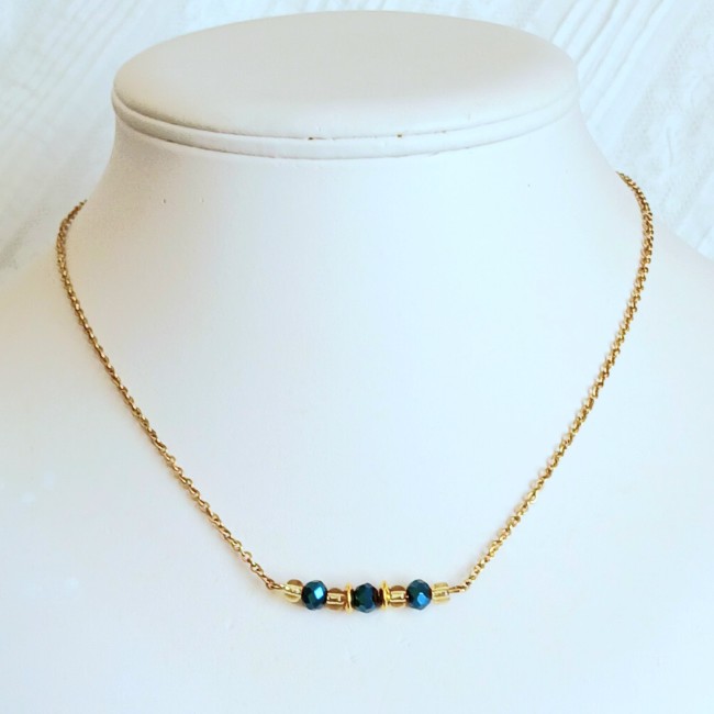 collier en acier inoxydable doré avec perles bleu électrique pour femme