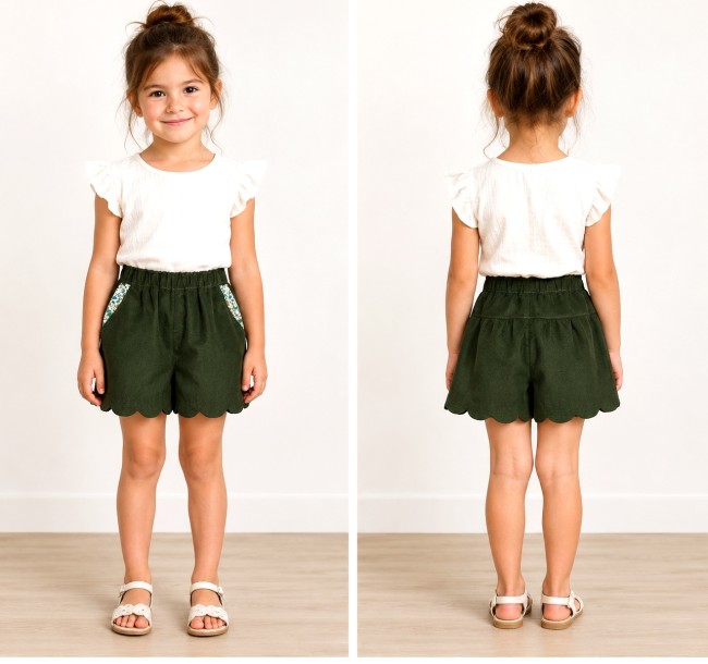 vue sur petite fille short velours vert Liberty Imran|4pommes