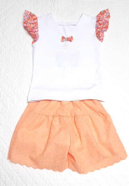 vue dos ensemble jupe short broderie anglaise abricot et tee-shirt licorne Liberty Betsy clementin|4pommes