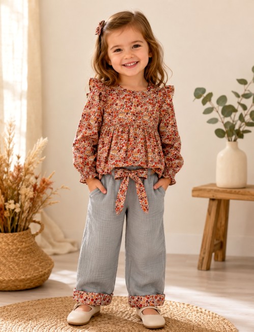 vue porté côté uni pantalon Léonie Liberty Poppy noisette double gaze irisée céladon | 4pommes