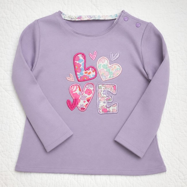vue devant sweat lilas appliqué LOVE Liberty Betsy assortis|4pommes