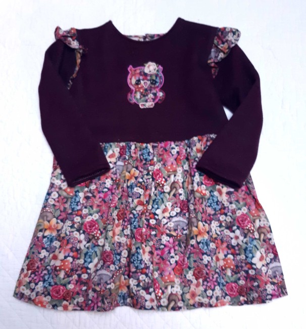 robe sweat molleton lie de vin paillettes broderie chouette Liberty curious land framboise