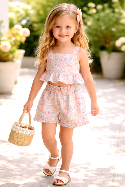 ensemble crop top et short Liberty Betsy bim bam boum sur petite fille | 4pommes