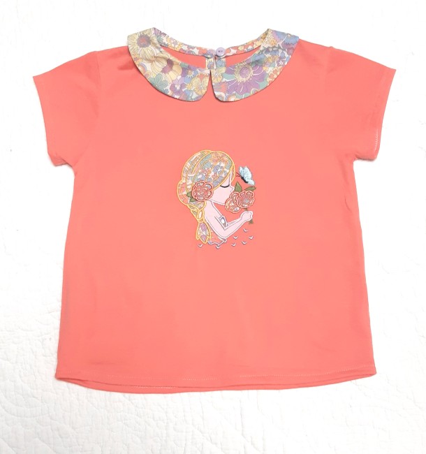 vue tee-shirt corail appliqué girl flower rainbow garden|4pommes