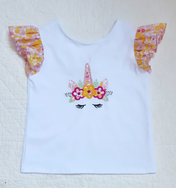 vue devant tee-shirt Aline appliqué broderie licorne Liberty Betsy strawberry lemonade | 4pommes