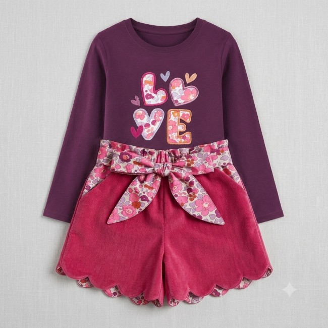 tenue short Léonie velours rose tee-shirt LOVE liberty Betsy cassis|4pommes