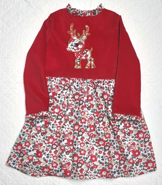 robe velours rouge volants col et poignets appliqué broderie petit renne Betsy christmas