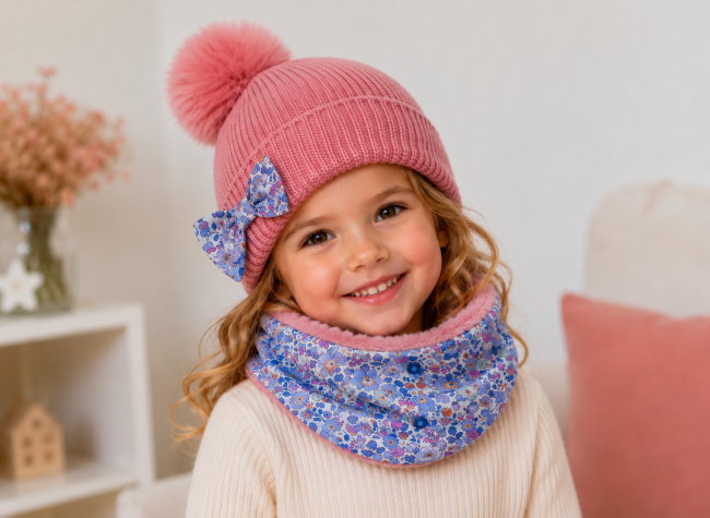 vue sur petite fille bonnet et snood Liberty Betsy lavender|4pommes