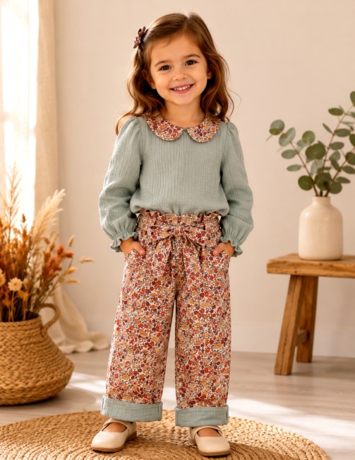 porté côté Liberty pantalon Léonie Liberty Poppy noisette double gaze irisée céladon|4pommes